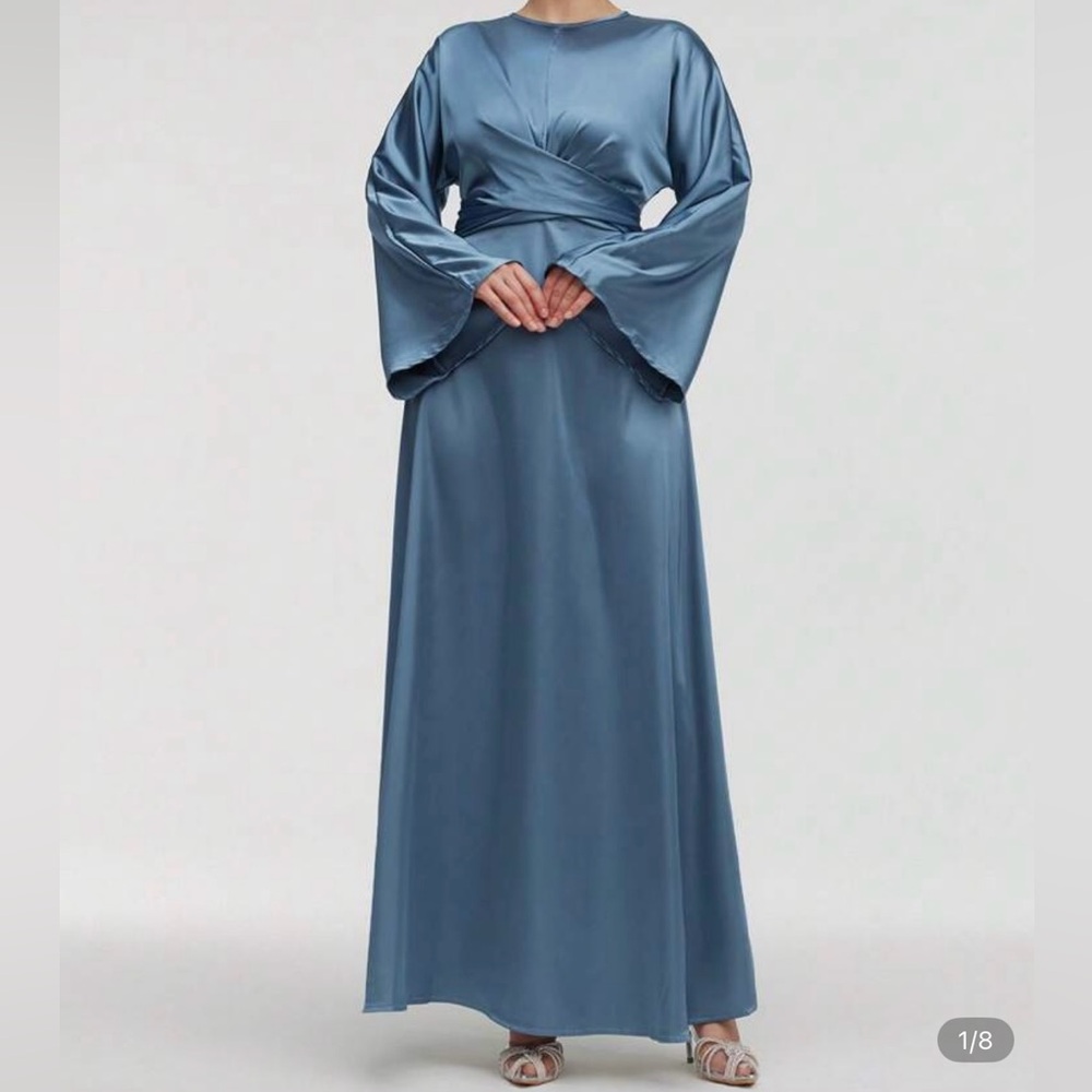 US 4 Small Veilorie Satin Blue Wrap-Style Maxi Dress - Long Sleeve (NEW)